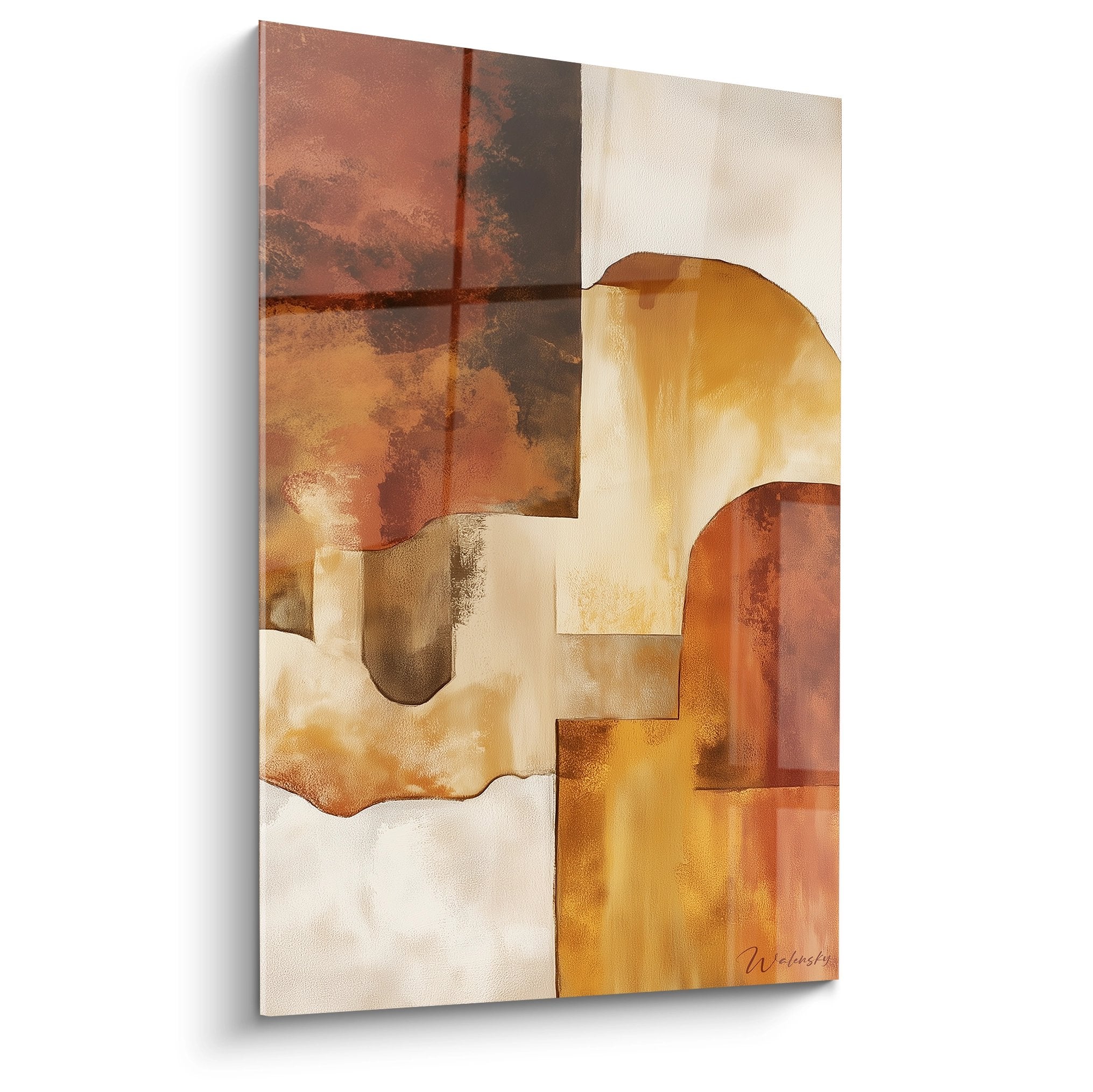 Tableau abstrait aux formes géométriques ocre et terre de sienne, composition moderne inspirée art africain contemporain