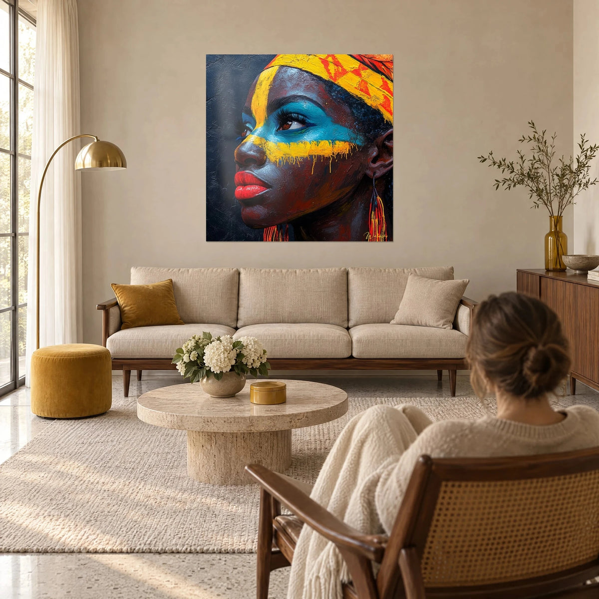 Gemälde Afrikanisches Ölporträt, türkisfarbenes und gelbes Make-up, orangefarbenes Kopftuch, Frau von hinten über einem Sofa in einem hellen Wohnzimmer