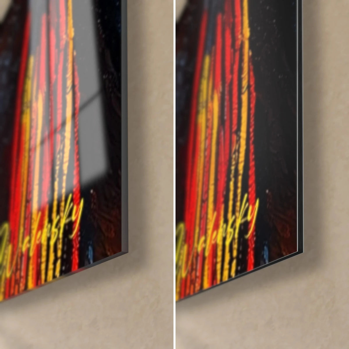 Gemälde Frauenporträt mit roten Lippen, untere rechte Ecke: glänzendes Acrylglas links, mattschwarzes Alu-Dibond rechts, 3 mm Kante