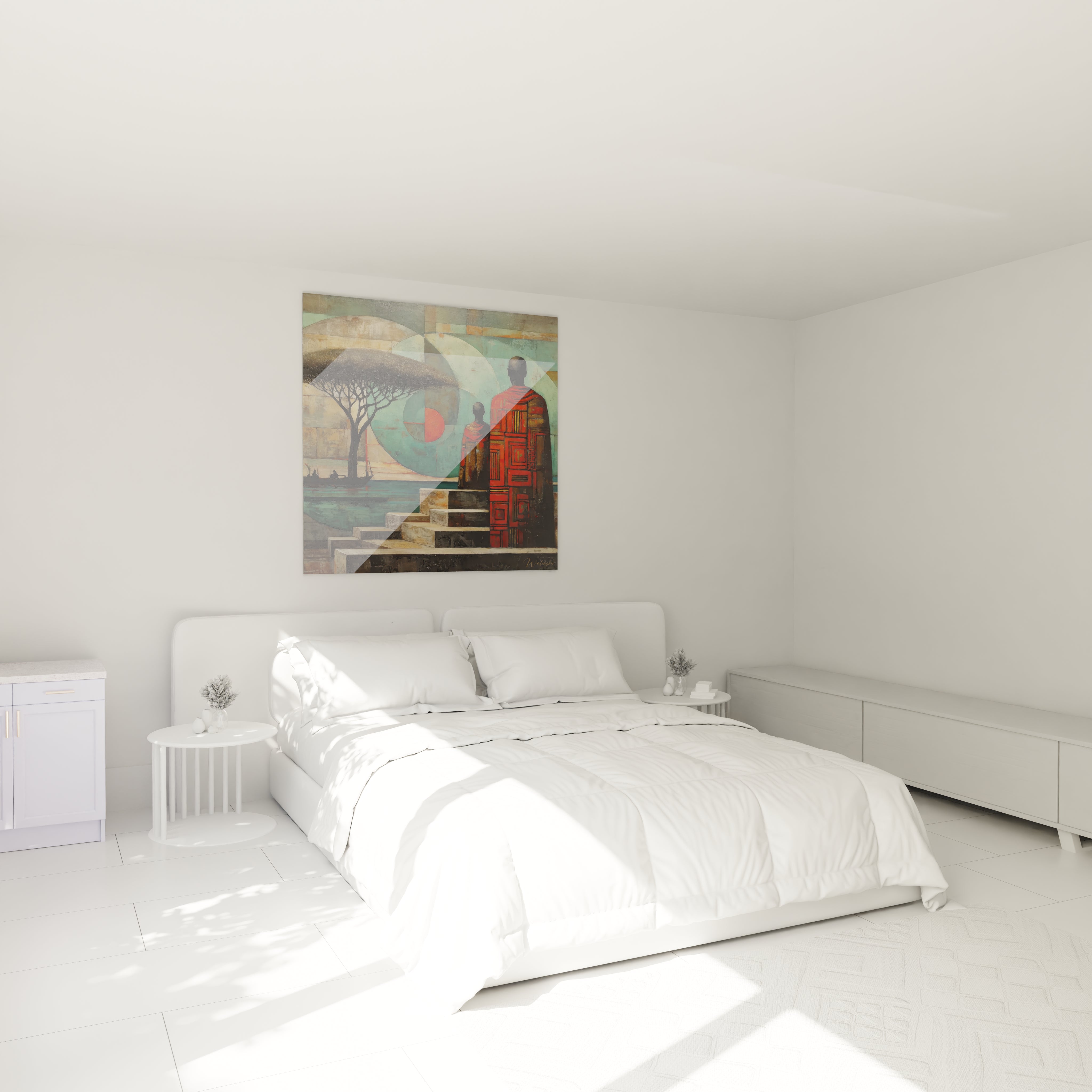 Tableau africain contemporain de Walensky accroché au mur d'une chambre moderne et lumineuse
