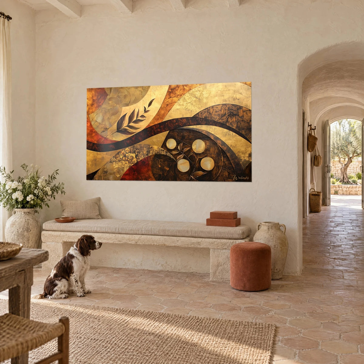 Tableau motif africain en vagues ocre et cuivre, branche de feuilles sombres, spaniel assis, banquette en pierre du mas