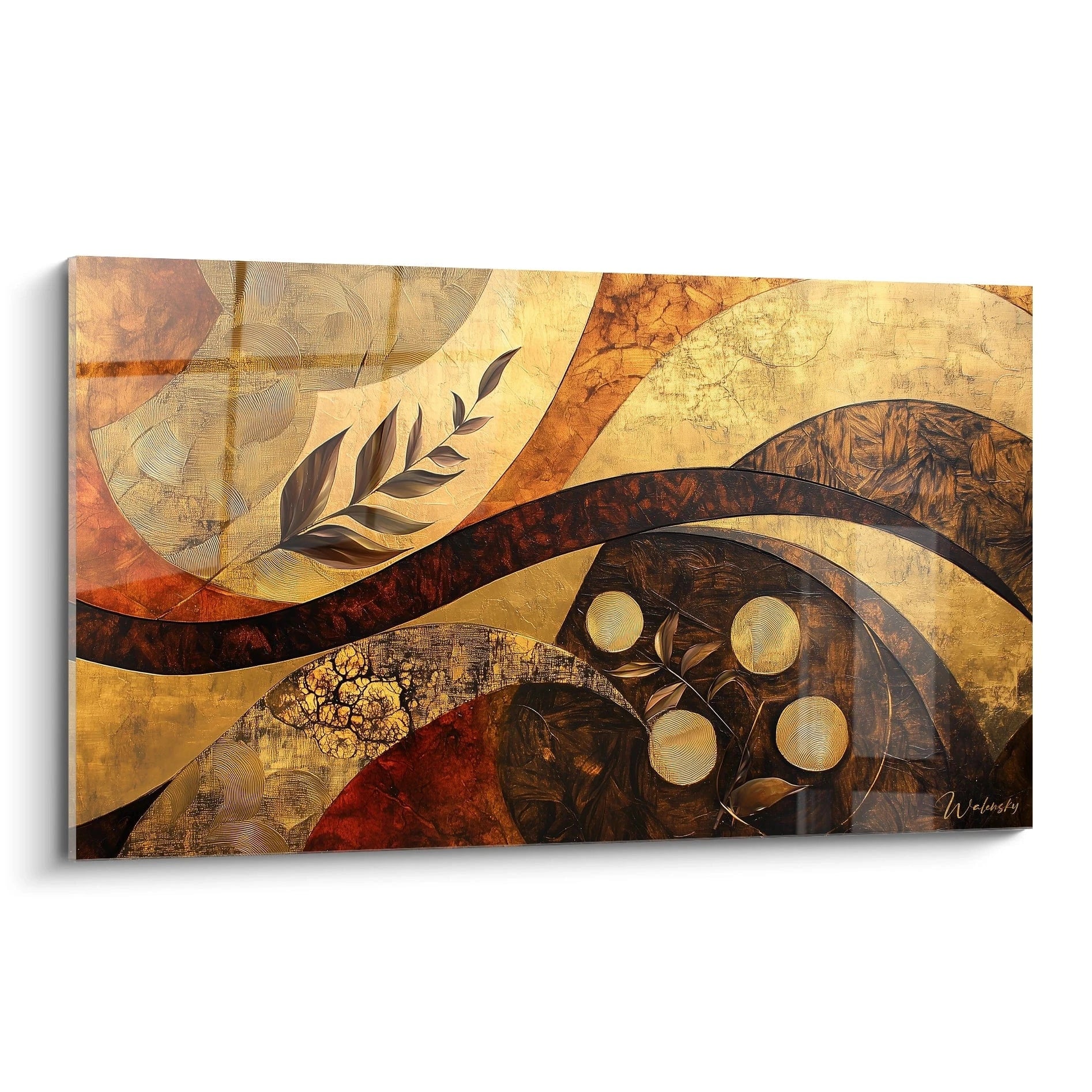 Tableau africain mural abstrait Walensky avec motifs organiques et couleurs chaudes terre et or