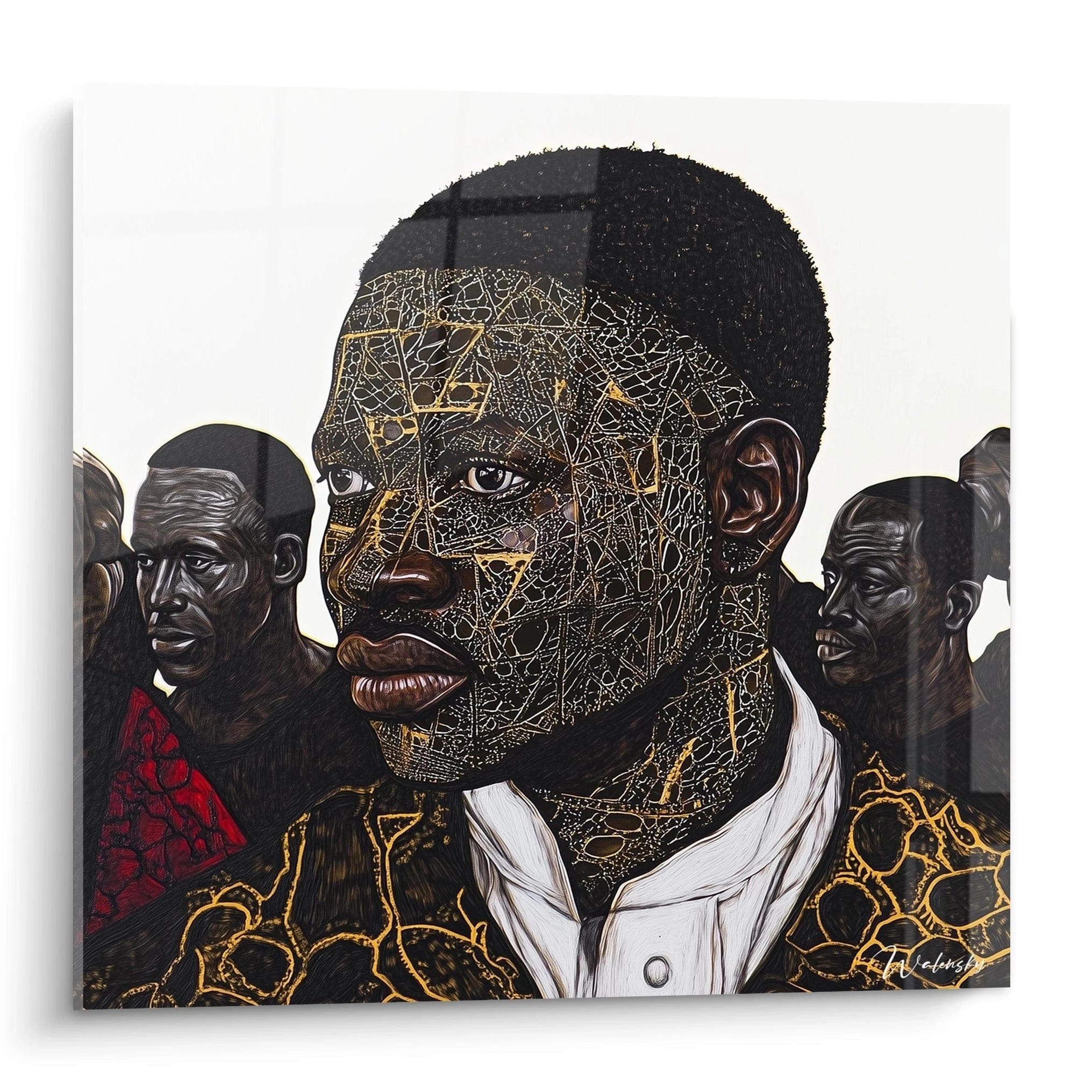 Tableau africain mural signé Walensky représentant portraits d'hommes noirs avec motifs dorés et détails réalistes