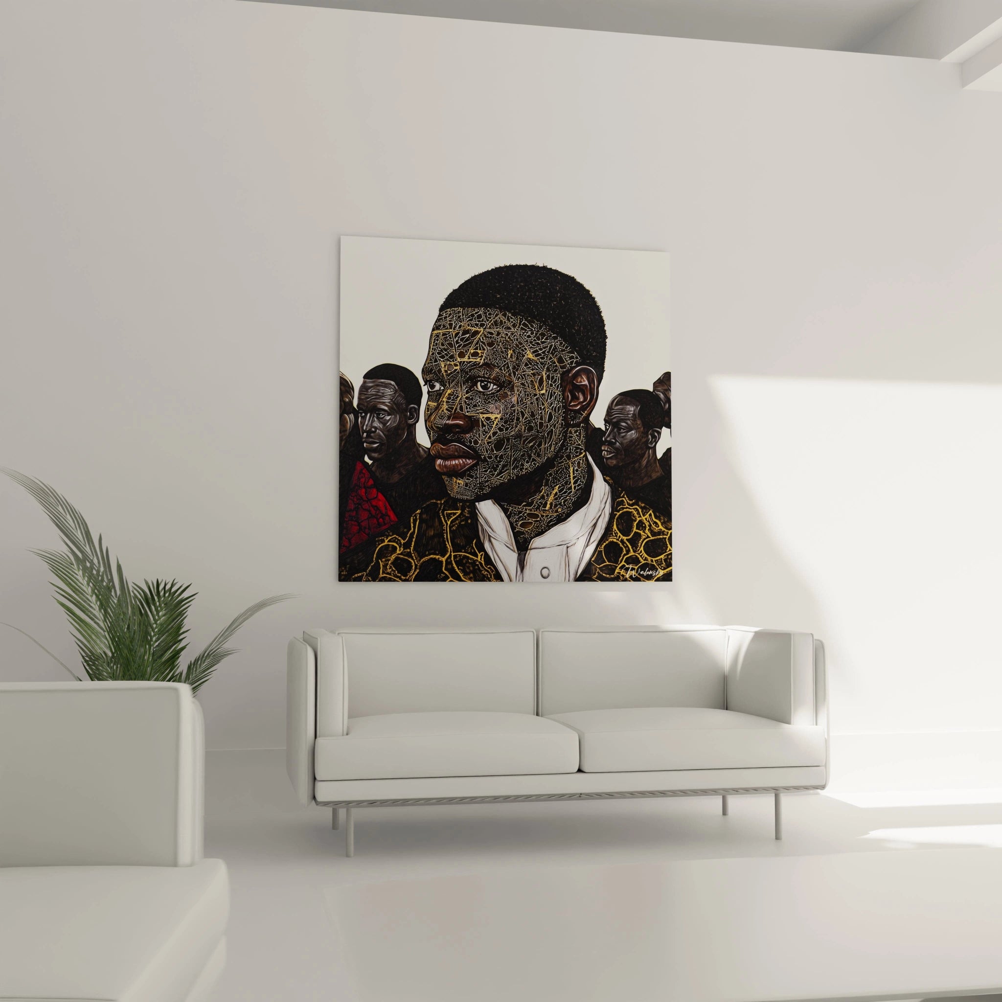 Tableau africain mural Walensky représentant un portrait d'homme avec motifs dorés accroché dans un salon moderne
