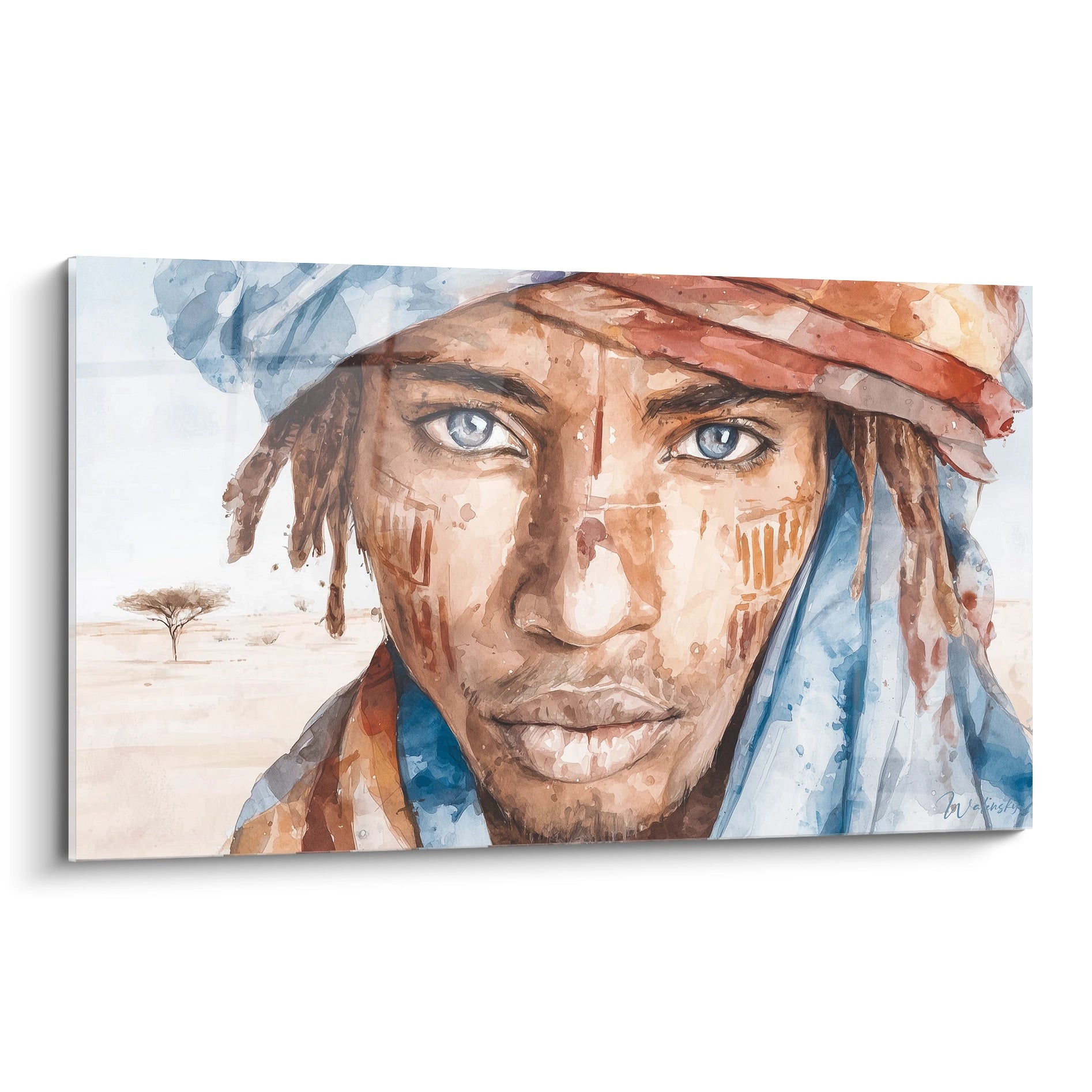 Tableau africain homme en aquarelle avec des yeux captivants et des motifs traditionnels