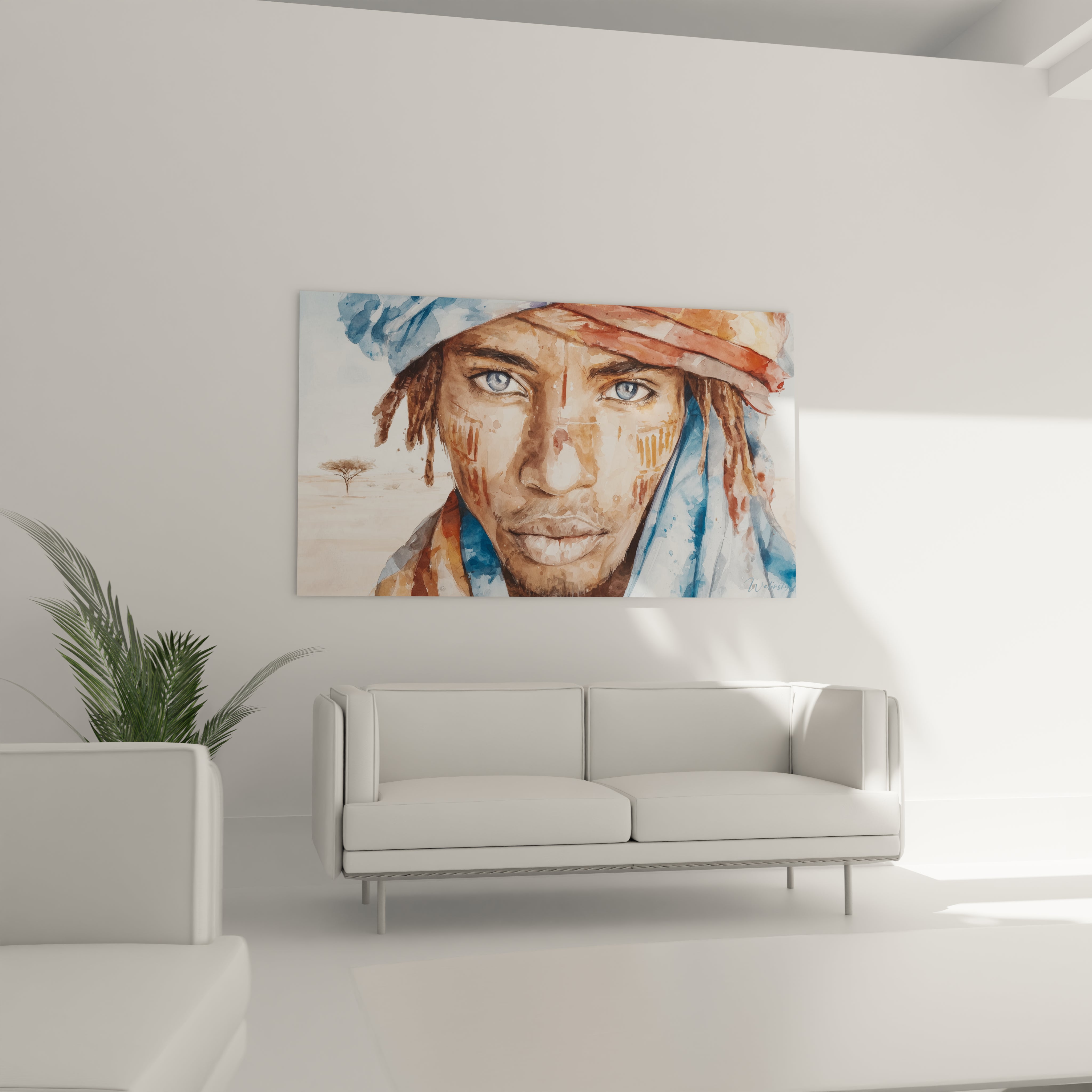 Tableau africain homme représentant un portrait vif avec des détails colorés dans un salon moderne