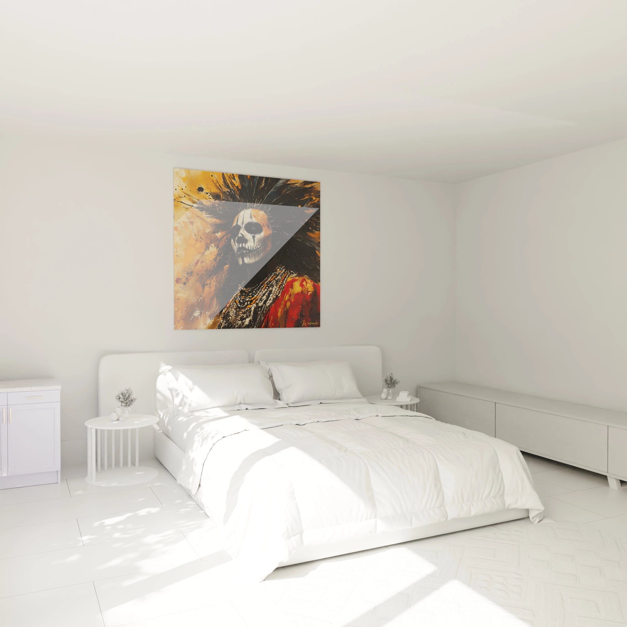 Tableau africain mural Walensky représentant un visage avec peinture de crâne et coiffure colorée dans une chambre moderne