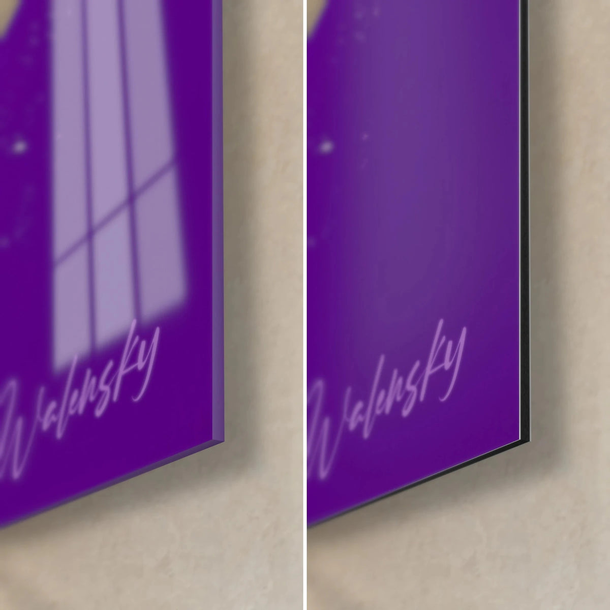Tableau portrait au crâne maquillé, coin bas droit : verre acrylique brillant violet à gauche, Dibond mat à droite, tranche noire de 3 mm