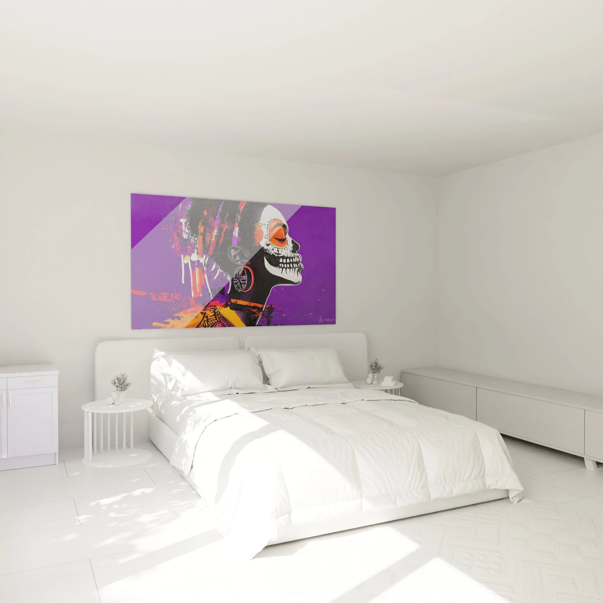 Tableau africain mural Walensky représentant un héron dans un décor naturel lumineux au-dessus d'un lit blanc moderne