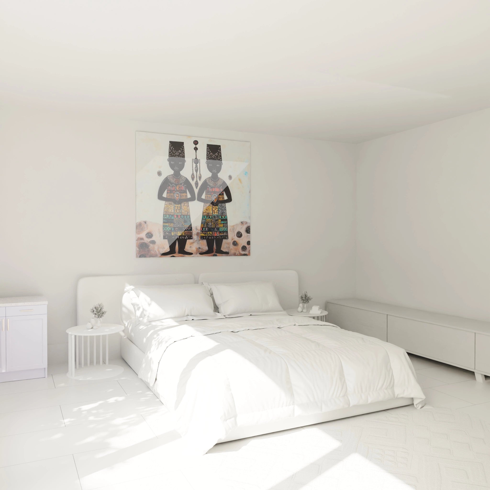 Tableau africain mural Walensky représentant deux personnages noirs dans une chambre blanche moderne