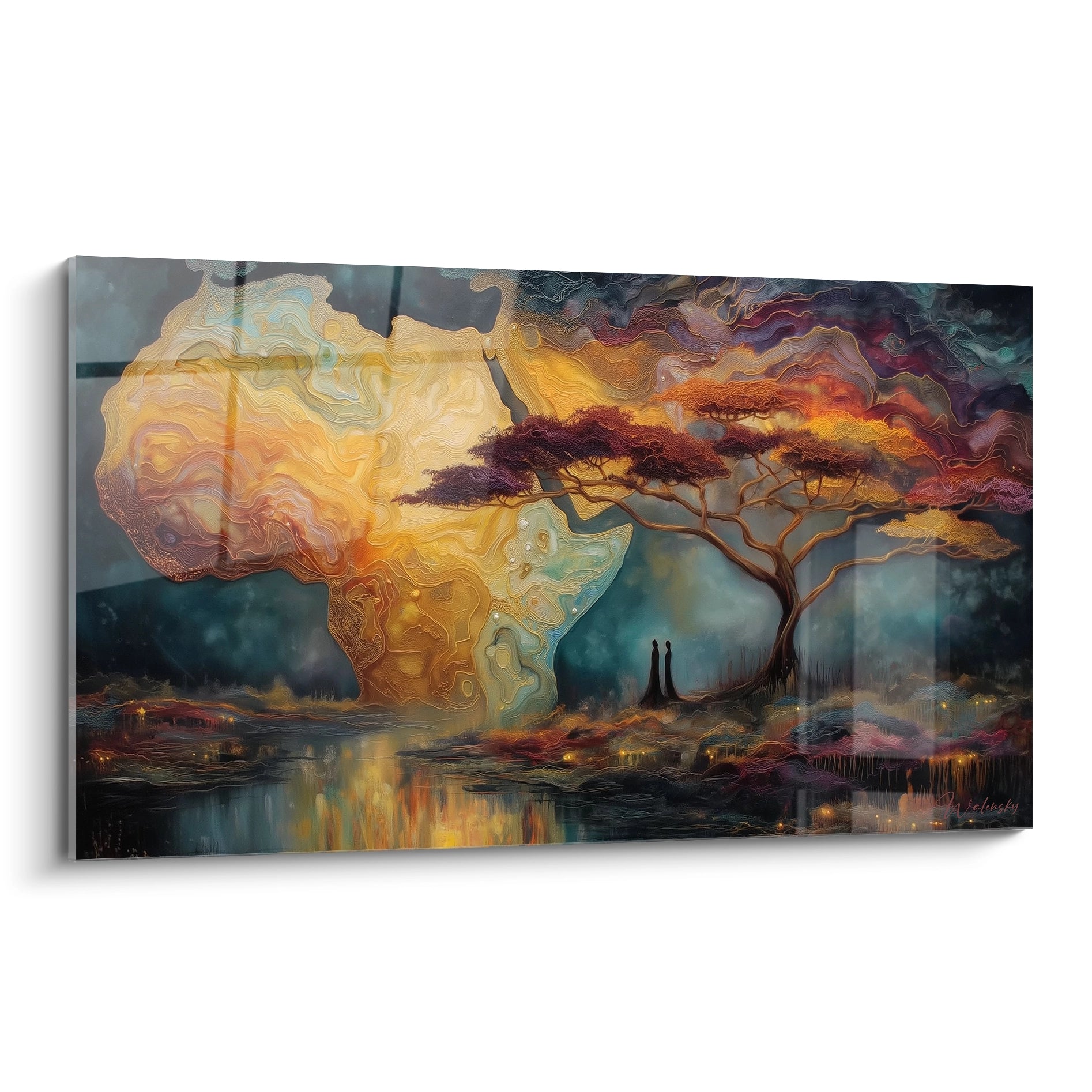Tableau africain paysage avec un arbre majestueux et une silhouette en arrière-plan