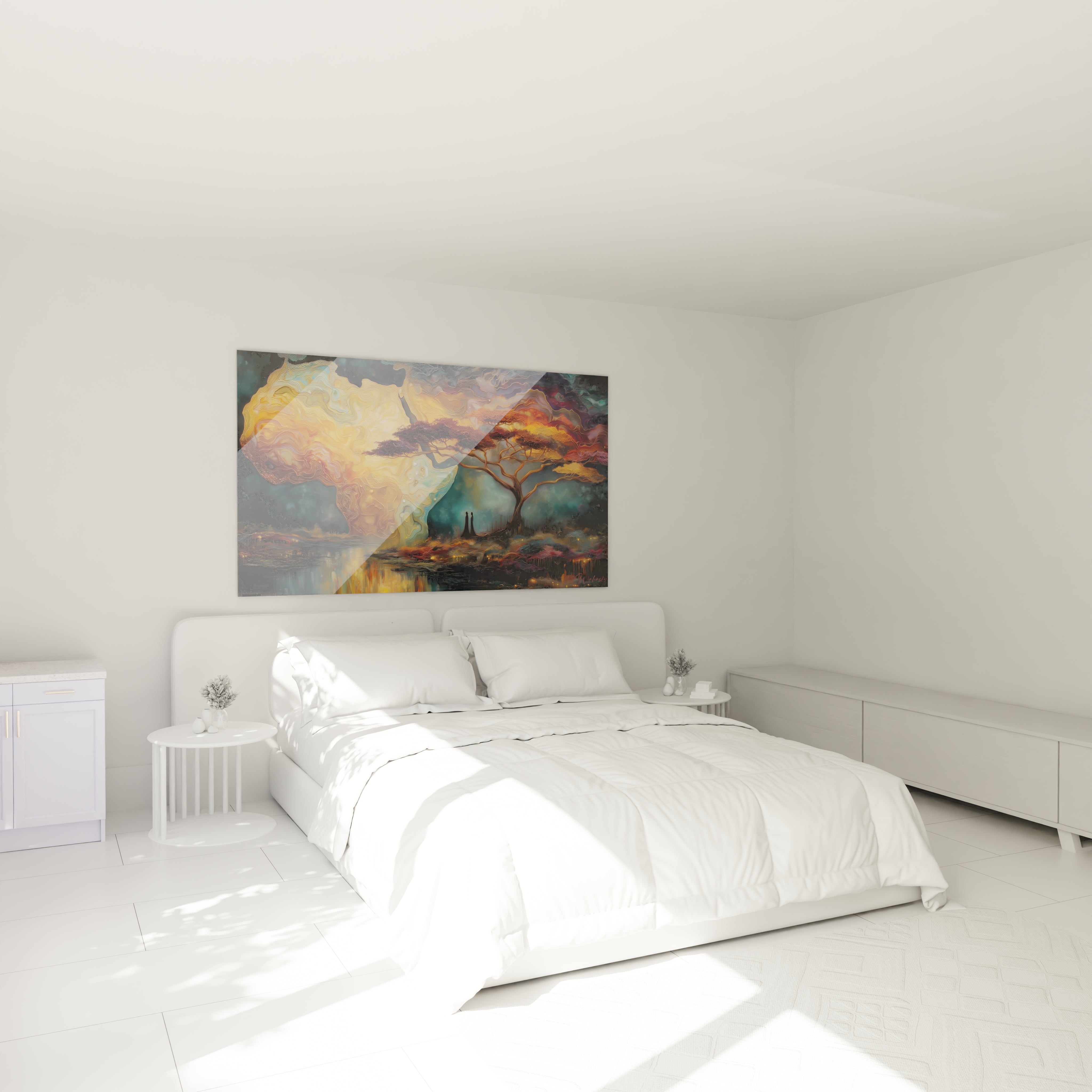 Tableau africain paysage moderne suspendu au-dessus d'un lit dans une chambre lumineuse et épurée