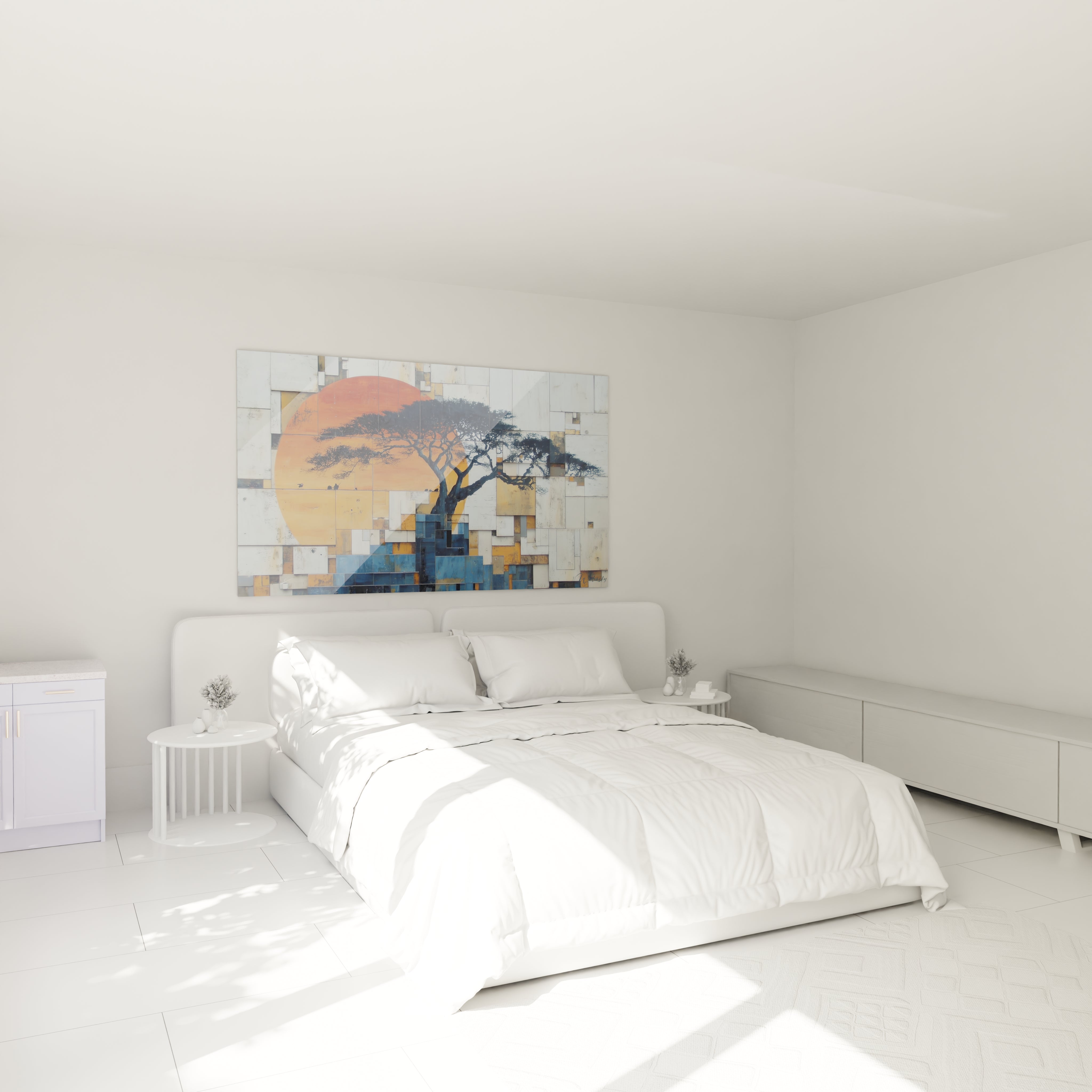Tableau africain paysage avec un arbre silhouetté et un coucher de soleil, idéal pour décorer une chambre moderne