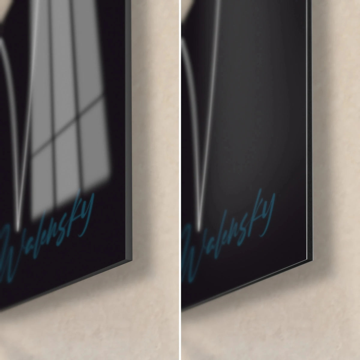 Wall art of a woman with pearl earrings, bottom right corner: glossy acrylic glass reflecting the window, matte black Dibond, 3 mm edge