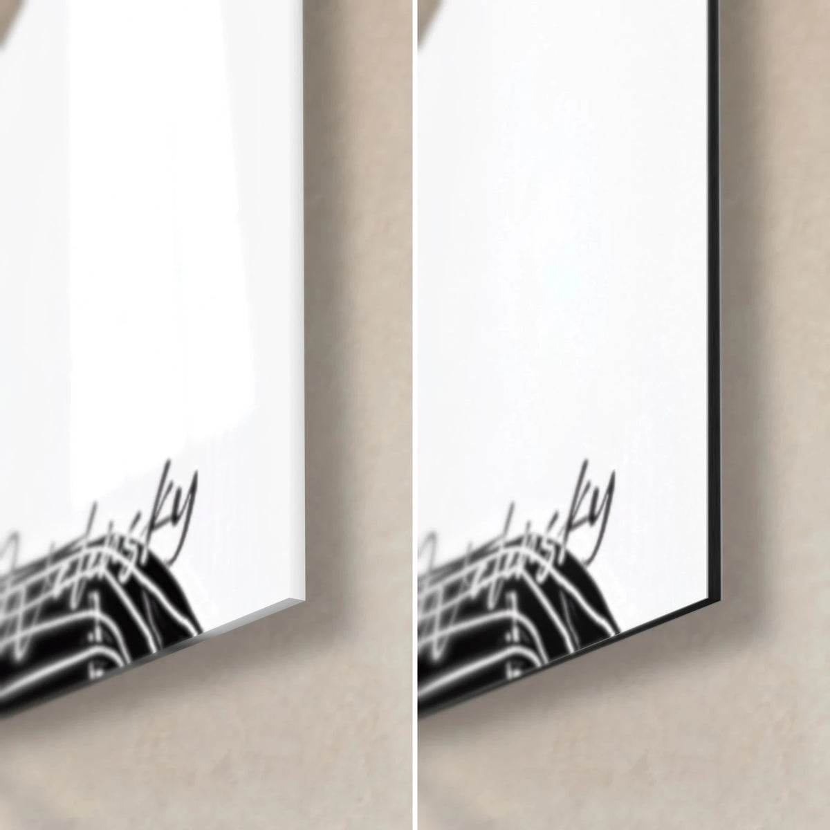 Gemälde einer stilisierten afrikanischen Maske, untere rechte Ecke aus glänzendem Glas und mattschwarzem Dibond-Aluminium, 3 mm Kante sichtbar