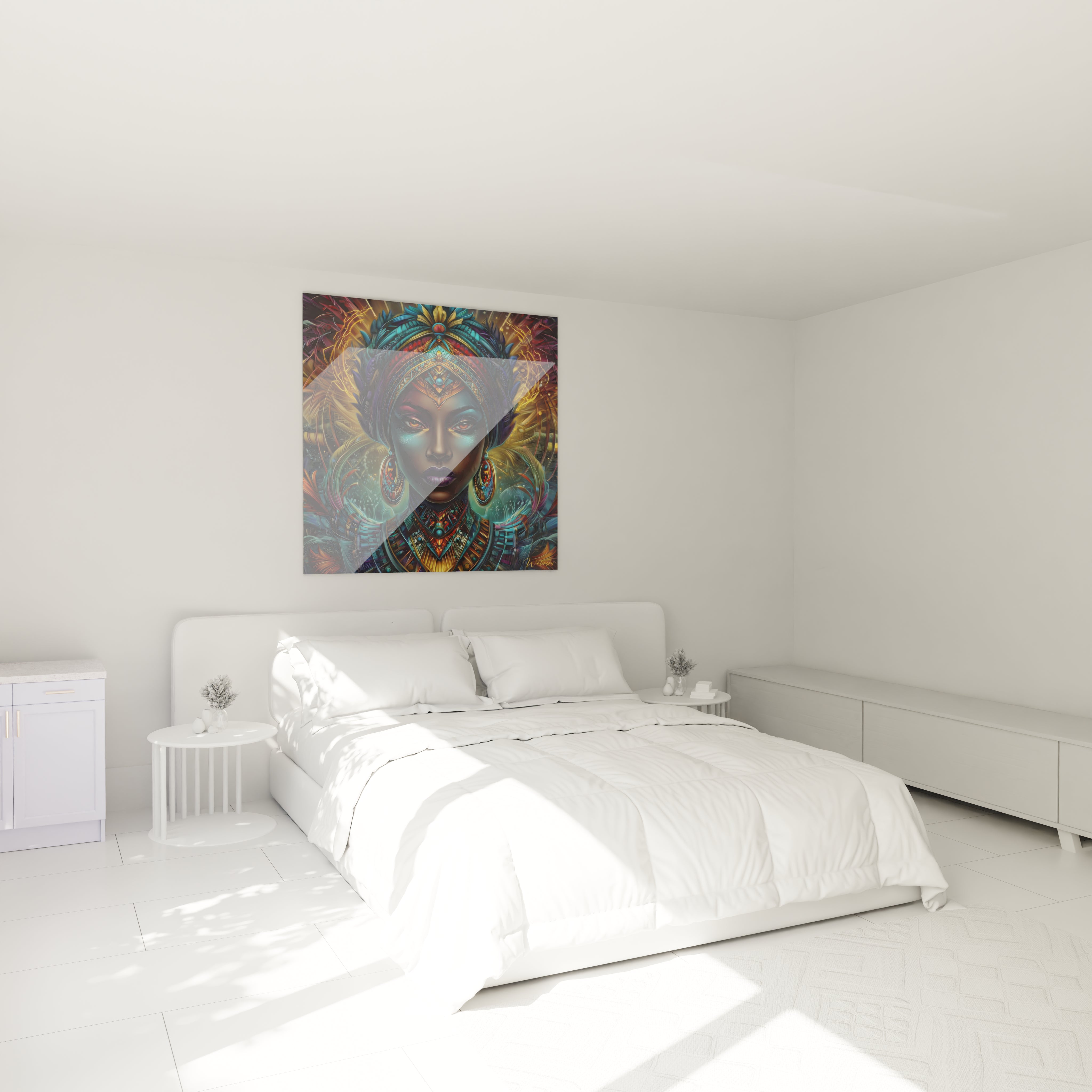 Tableau africain visage femme coloré accroché au mur dans une chambre lumineuse et moderne