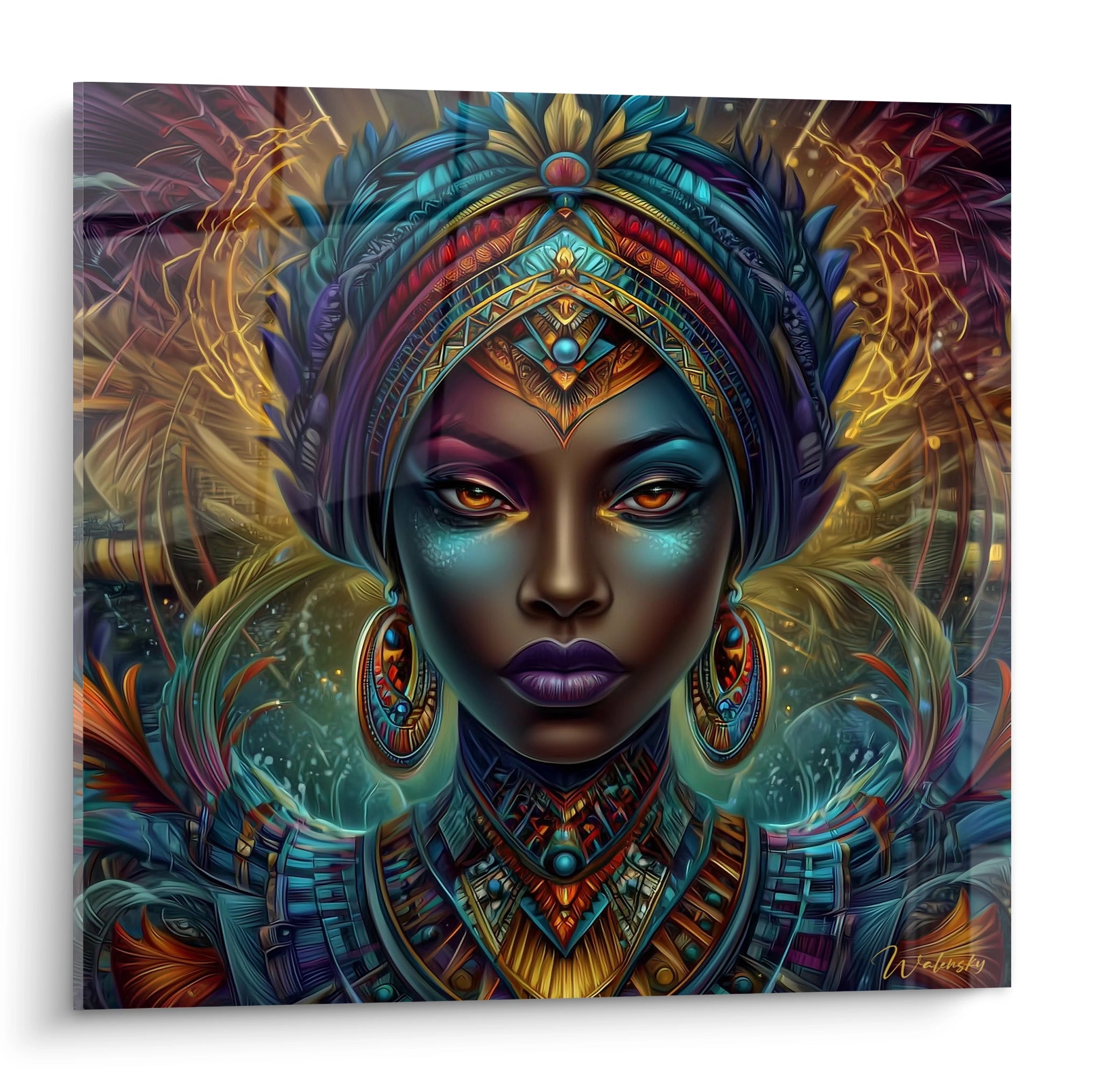 Tableau africain visage femme en couleurs vives représentant une femme avec des ornements élaborés