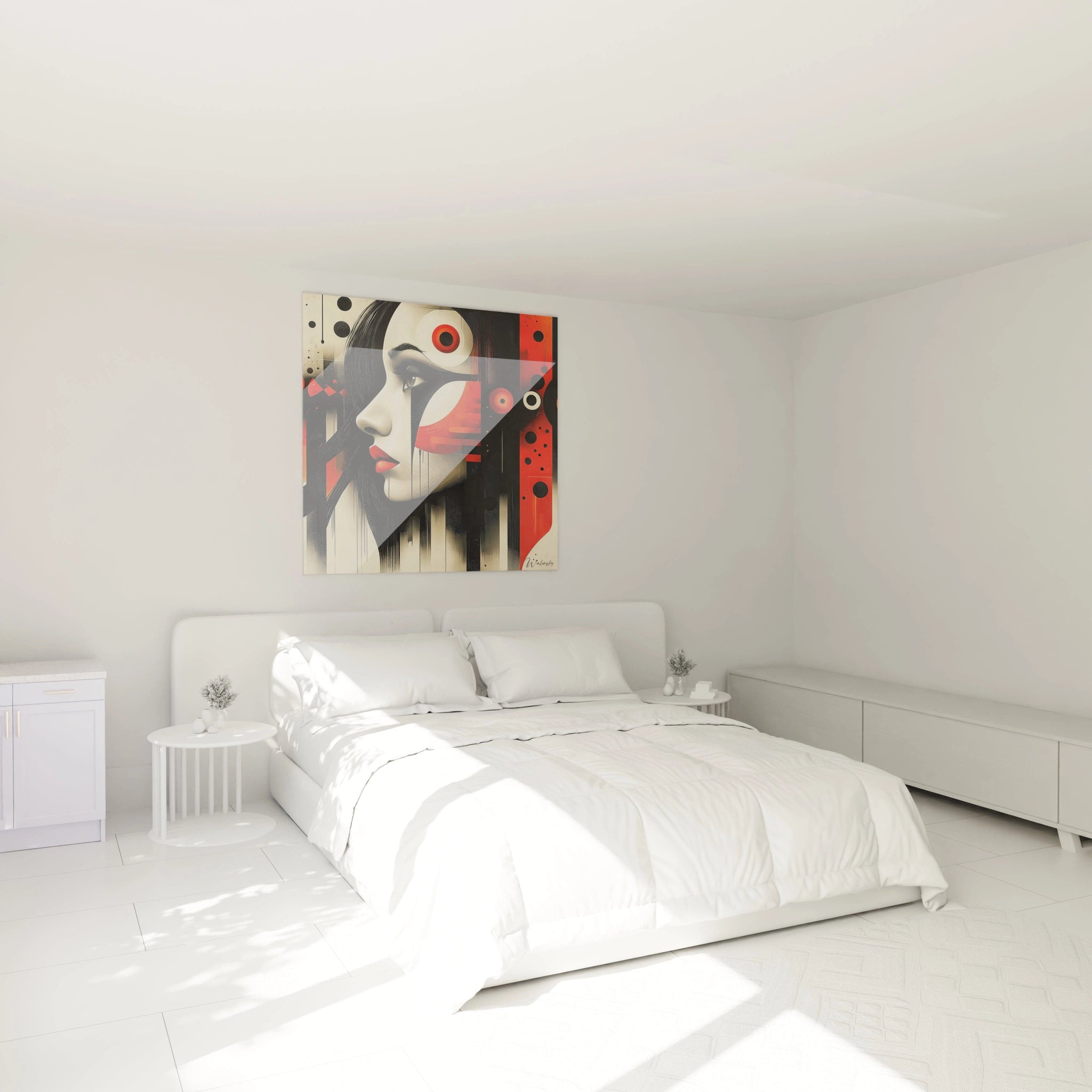 Tableau africain mural Walensky représentant un visage stylisé en noir blanc et rouge dans une chambre moderne