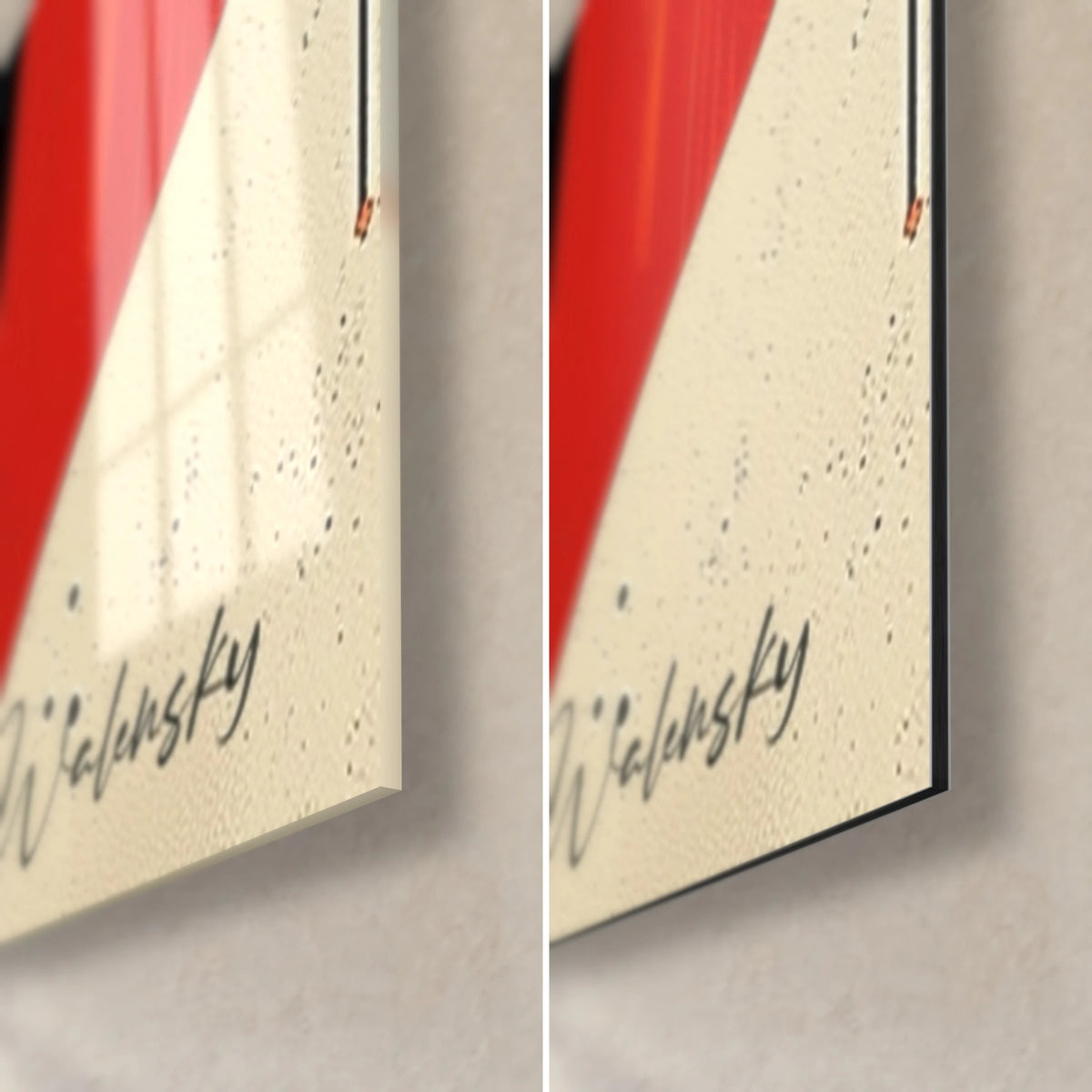 Wall art ivory and vivid red female silhouette, lower right corner: glossy glass on the left, matte Dibond on the right, slim edge