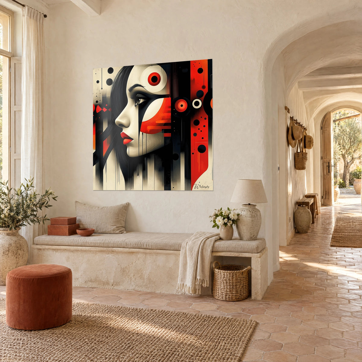 Cuadro retrato gráfico de mirada oscura delineada, círculos rojos y negros, mechones de tinta, entrada abovedada del mas provenzal