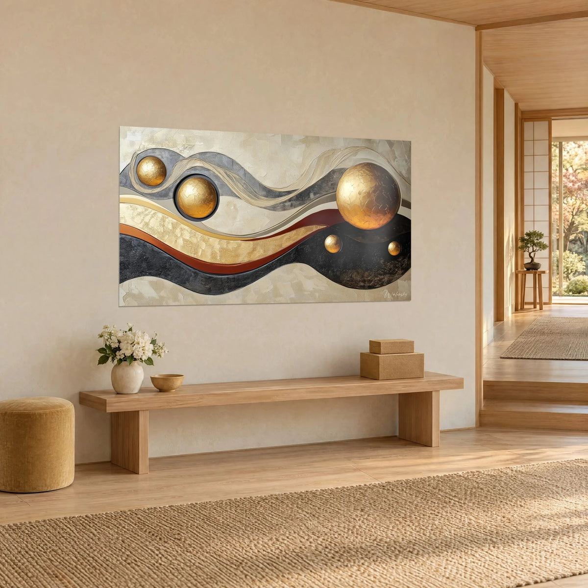 Wall art with abstract charcoal, copper and gold leaf waves, large sphere on the right, cream wall, above a wooden bench in the hallway