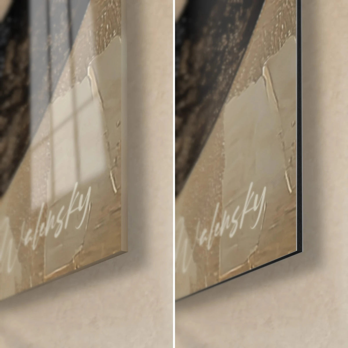 Wall art with cracked golden orbs on a beige background, bottom right corner, glossy glass with reflections and matte black Dibond, 3 mm edge