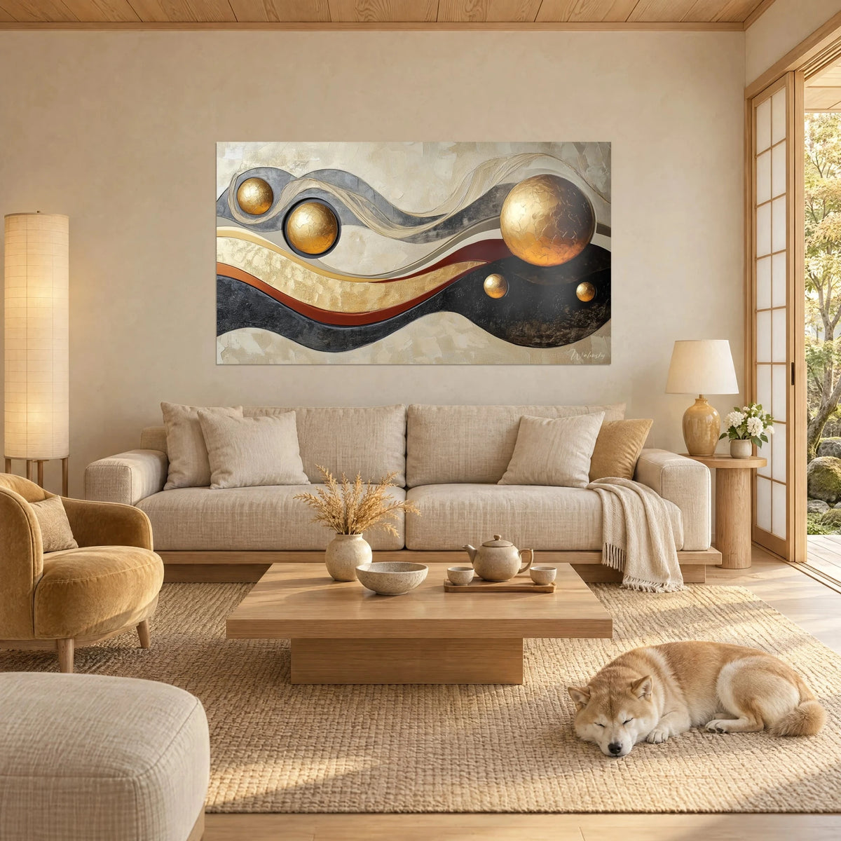 Wall art with cracked golden spheres over black and rust waves, pearly beige, sleeping Shiba, above a sofa in a bright living room