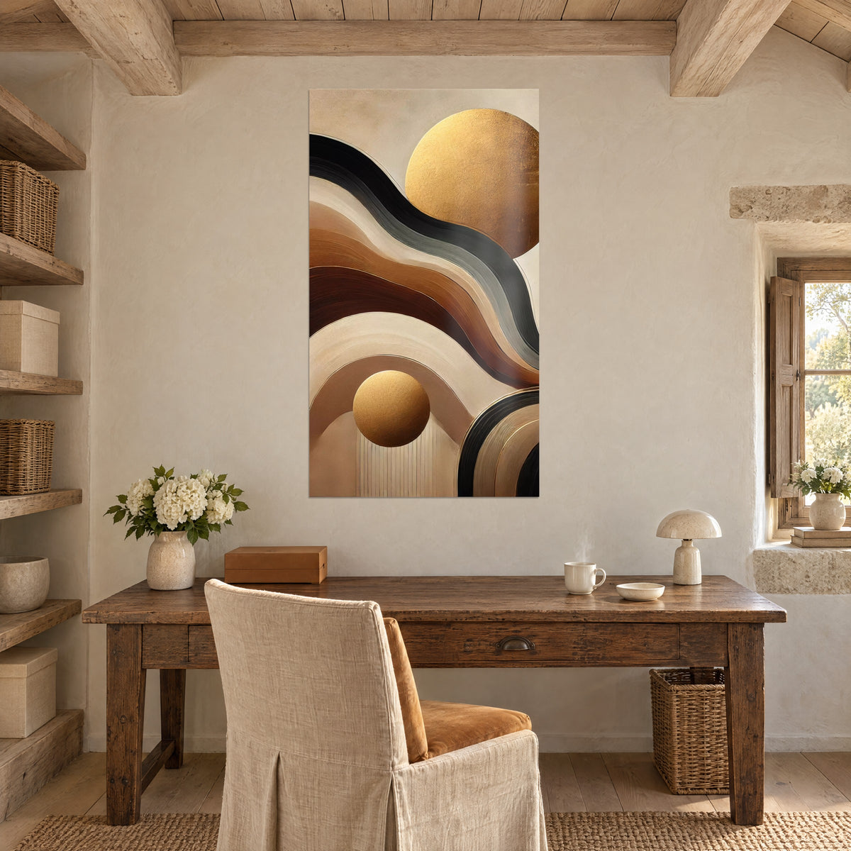 Schilderij met abstract landschap van bruine en crèmekleurige duinen en twee gouden zonnen, verweerd houten bureau, witte bloemstuk en paddenstoellamp