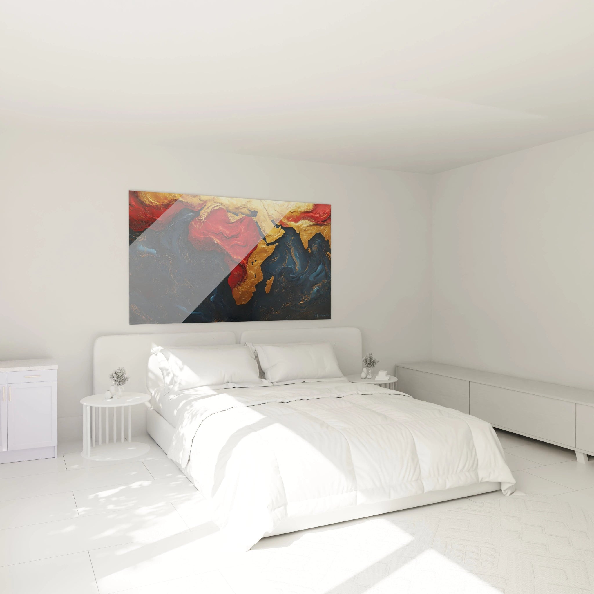 Tableau africain mural Walensky aux couleurs chaudes accroché dans une chambre lumineuse et moderne