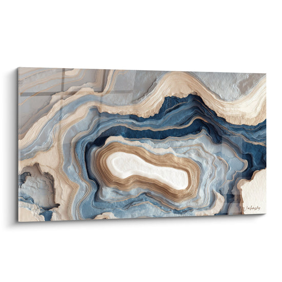 tableau agate bleue beige veines dorees geode marbre abstrait strates concentriques