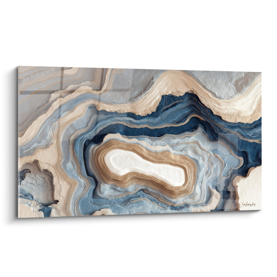Tableau Agate Bleue et Beige aux Veines Dorées - Géode Majestueuse - Edition Marbre abstrait