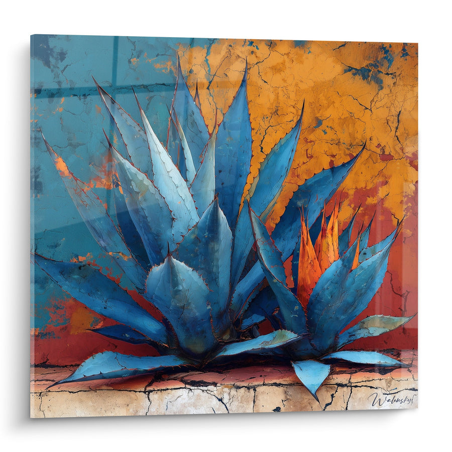 Tableau Agave bleu aux feuilles majestueuses sur fond orangé craquelé - Flamme du désert - Edition Cubisme
