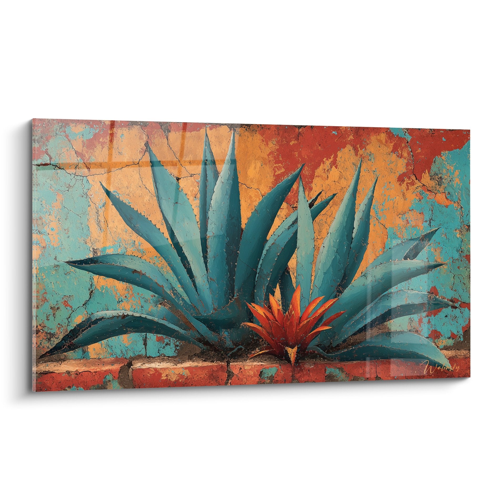 Tableau cubisme agave bleu-vert feuilles pointues fond craquelé orange turquoise texture patinée moderne