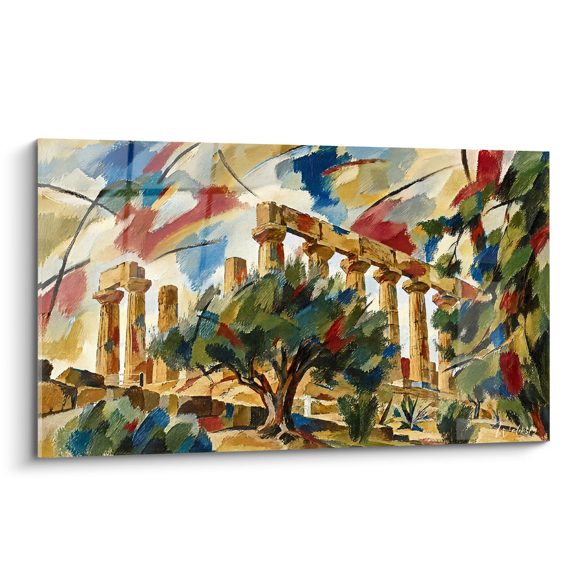 Tableau temple d'Agrigente aux colonnes dorées et olivier vert sous ciel bleu et rouge abstrait