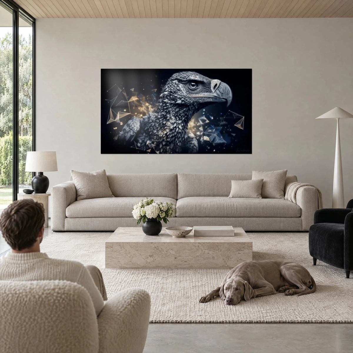 Wall art geometric vulture with silver scales and golden highlights, facing a couple seen from behind, above a sofa in a bright living room