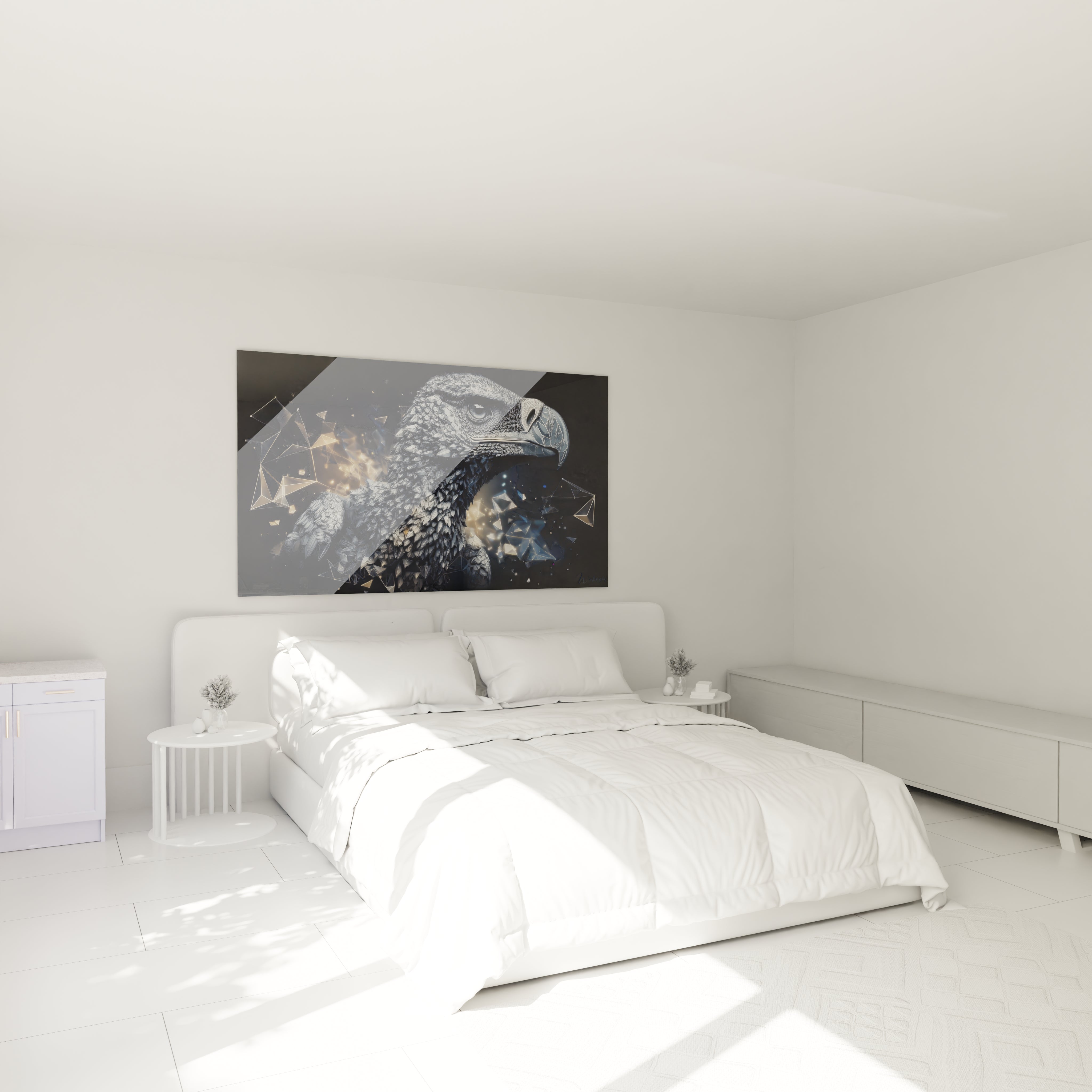 Tableau aigle futuriste installé dans chambre moderne, décoration murale élégante