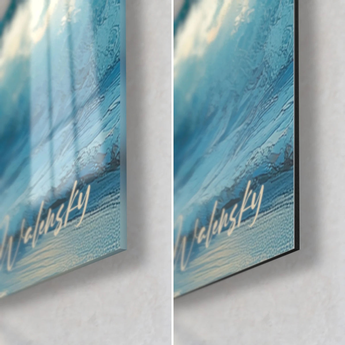 Tableau déferlante turquoise, coin bas droit : verre acrylique brillant à gauche, alu Dibond mat à droite, tranche de 3 mm
