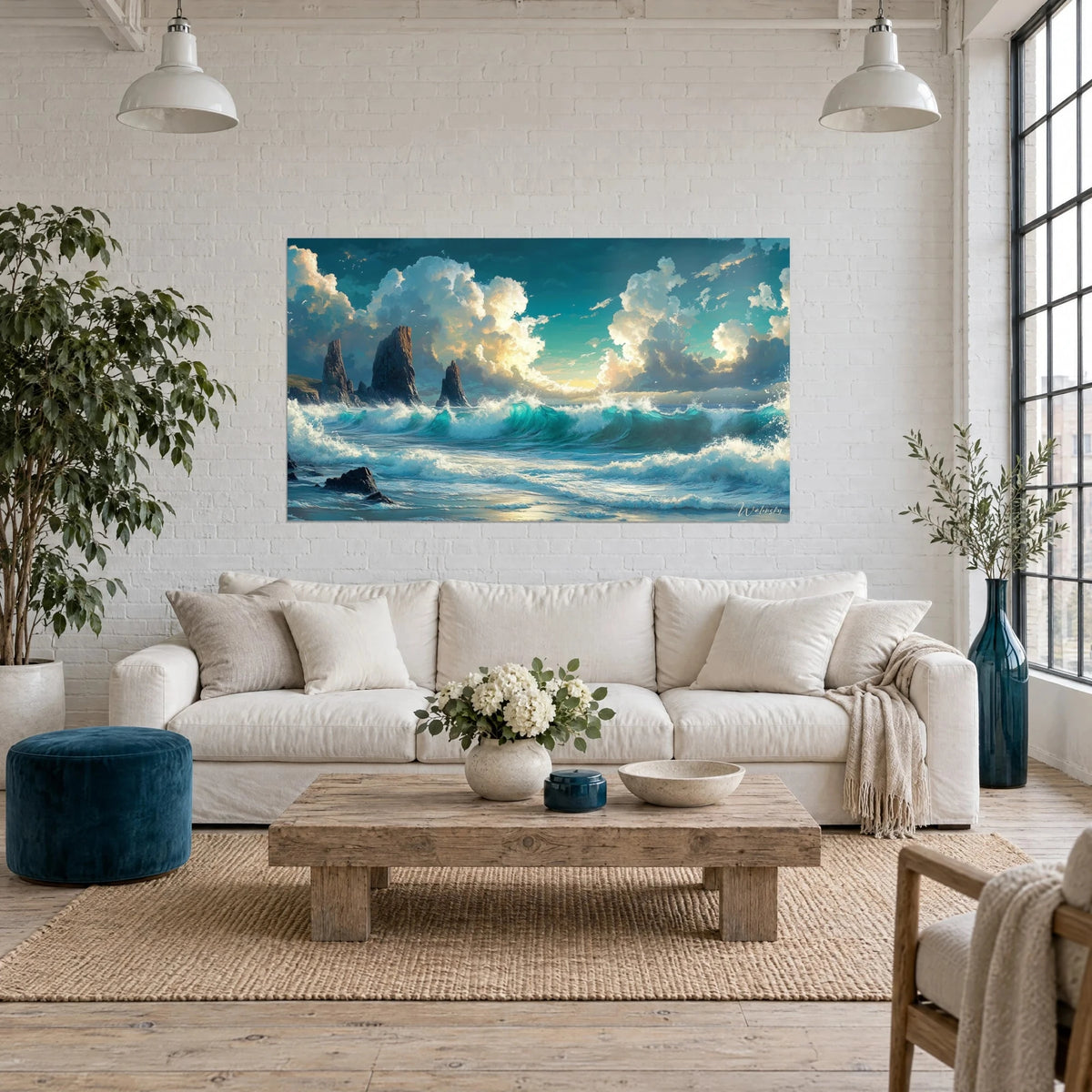 Tableau aiguilles de roche sombre dressées dans une mer turquoise et nuages dorés, au-dessus d'un canapé dans un salon lumineux