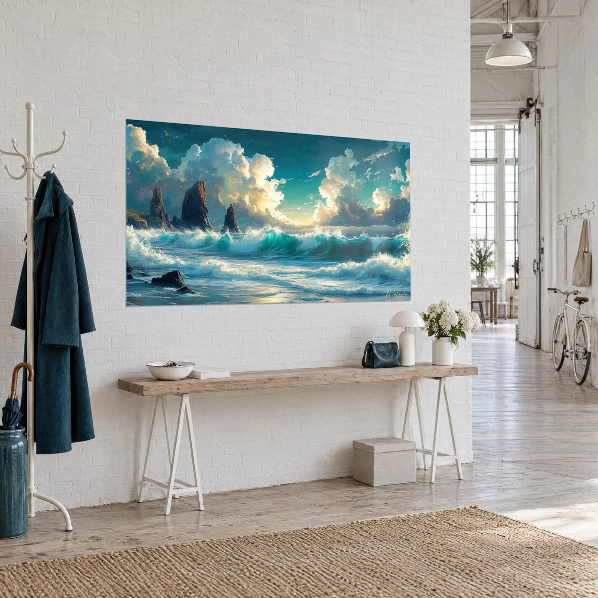 Tableau falaises effilées et vague émeraude couronnée d'écume blanche, ciel bleu canard, vue de trois-quarts dans un loft