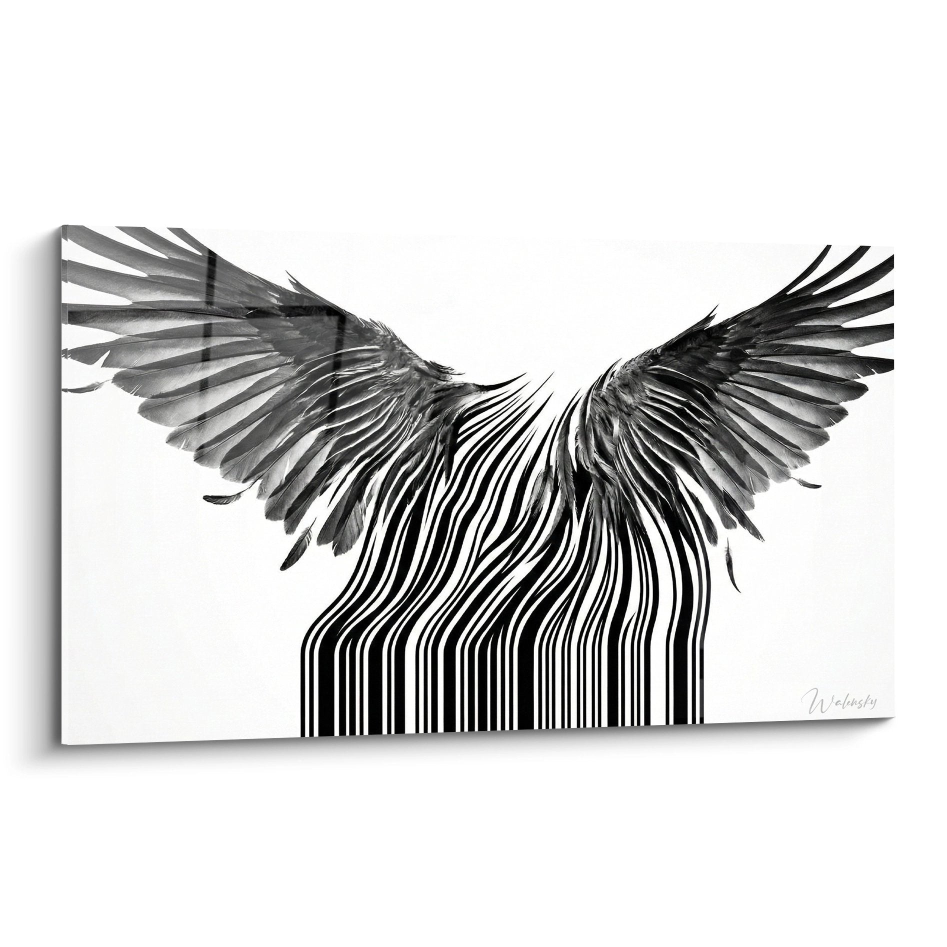tableau street art ailes oiseau emergent codes barres noir blanc style pochoir urbain contemporain