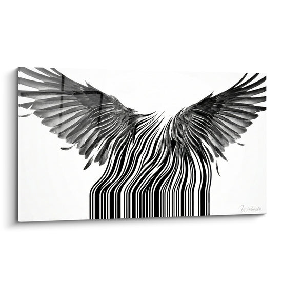 Schilderij zwarte en witte vogelvleugels die oprijzen uit barcodes - Grafische vlucht - Street art stencil editie