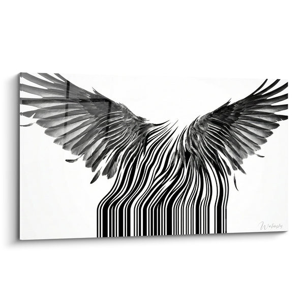 Cuadro alas de pájaro negro y blanco emergiendo de códigos de barras - Vuelo Gráfico - Edición Street art plantilla