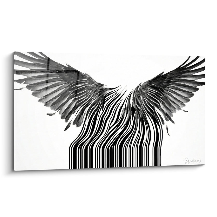 Tableau ailes d'oiseau noir et blanc émergeant de codes-barres - Envol Graphique - Edition Street art pochoir