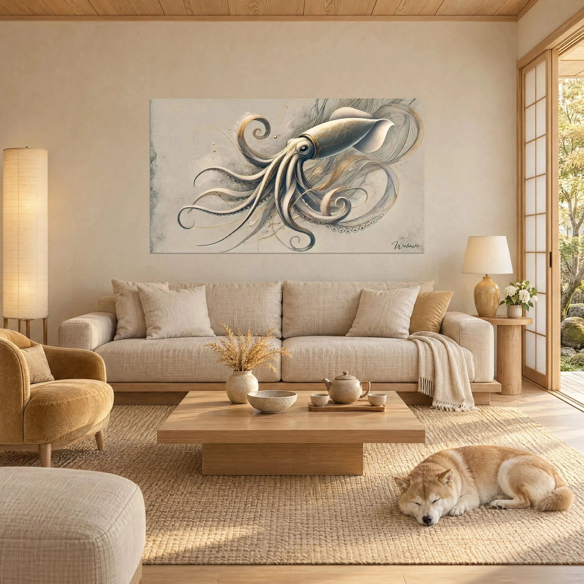 Tableau calamar aux tentacules en volutes beige et or, un Shiba roux endormi sur le tapis, au-dessus d'un canapé dans un salon lumineux