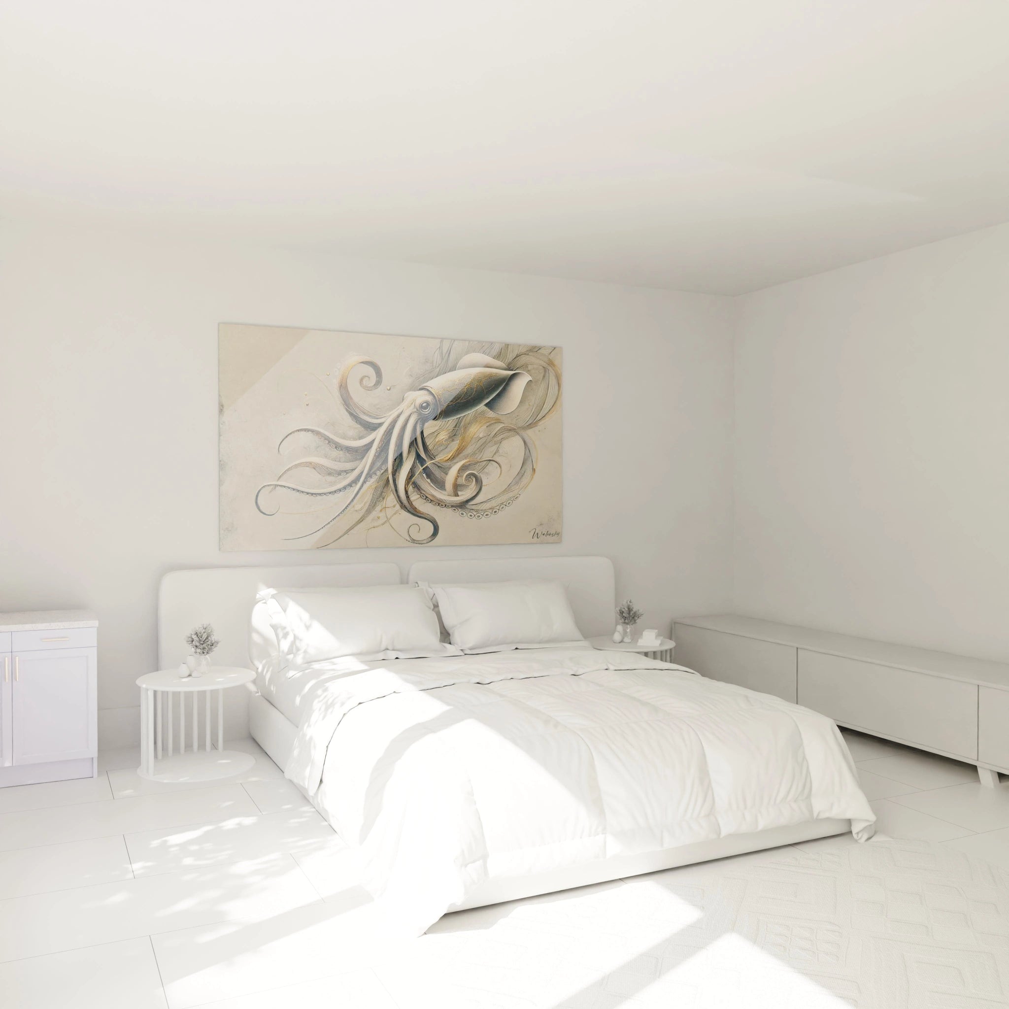 tableau calamar geant dans une chambre, suspendu au dessus du lit. Parfait pour une ambiance apaisante et sophistiquee, il evoque la serenite des profondeurs marines

