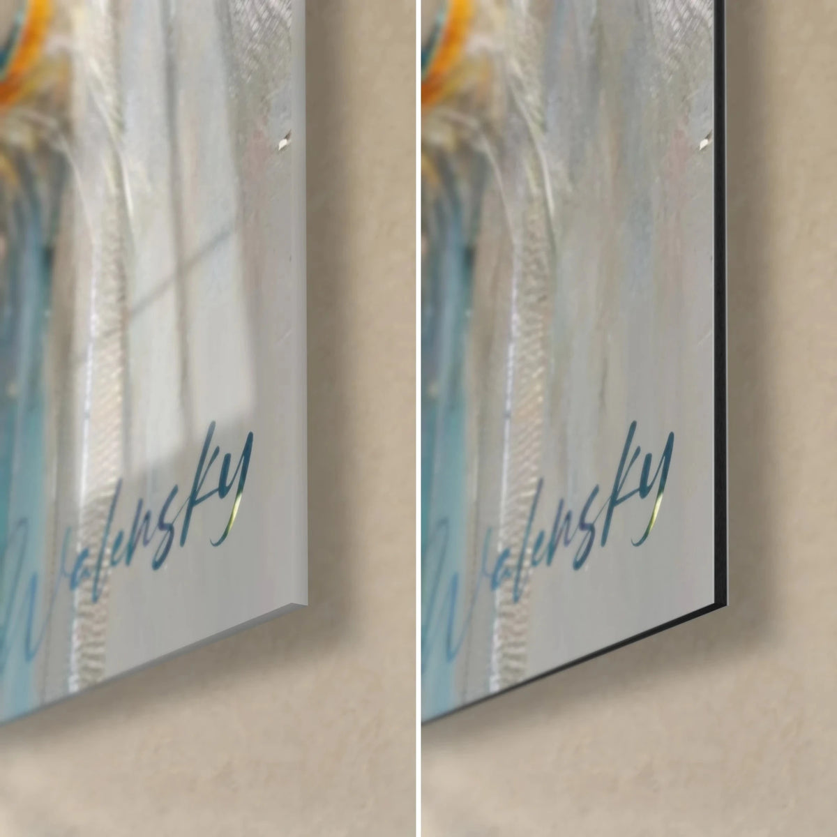 Wall art peacock with golden feathers, bottom right corner: glossy acrylic glass with reflections on the left, matte white Dibond aluminium on the right, 3 mm edge