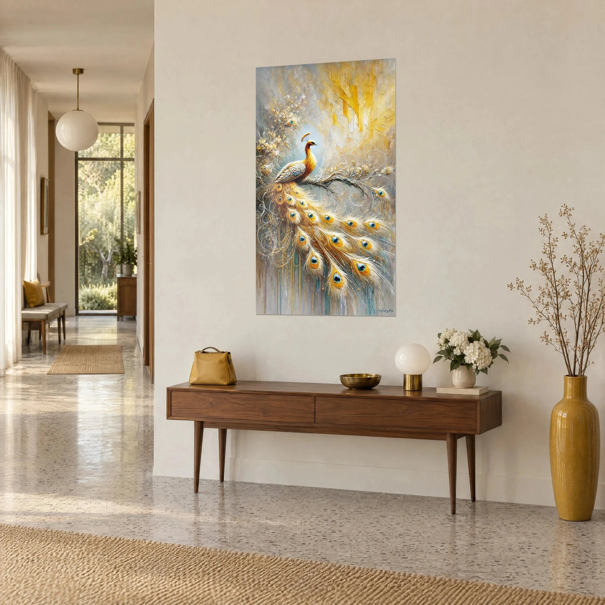 Wall art amber royal bird with a long eye-spotted train, saffron yellow and silver grey touches, hung above a wooden console in a hallway