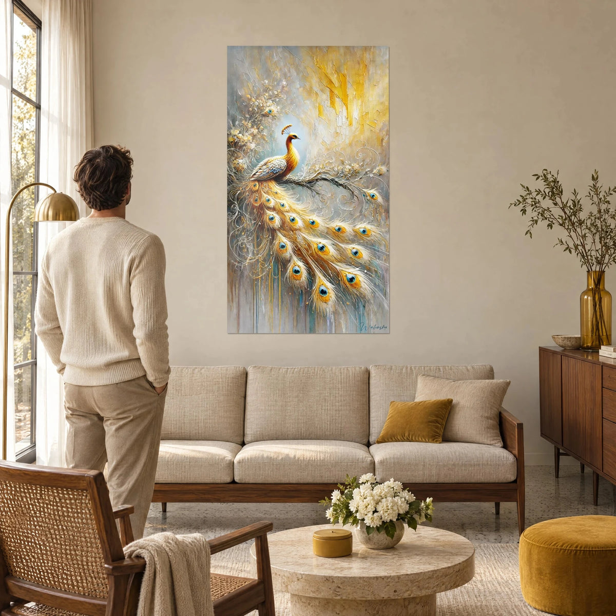 Wall art golden peacock perched on a branch, turquoise blue eye-spot feathers on a pearl grey background, man seen from behind, above a sofa in a bright living room