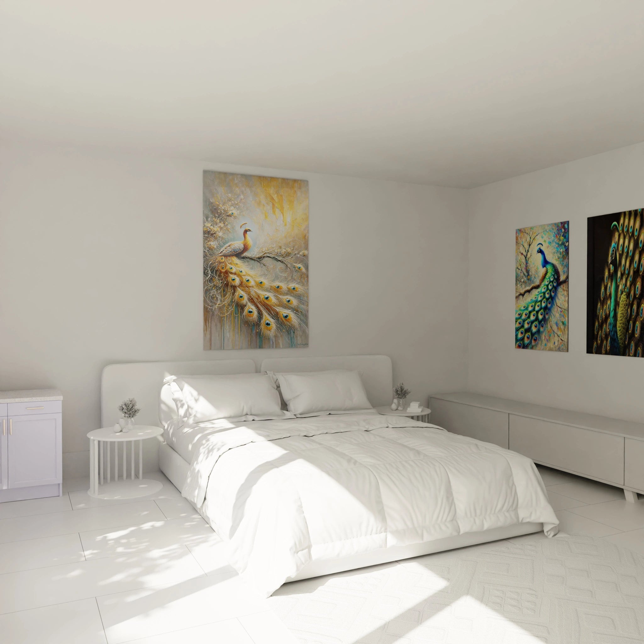 Ajoutez une ambiance sophistiquée à votre chambre avec ce tableau paon accroché au-dessus du lit. Son plumage doré illumine la pièce tout en apportant une touche exotique et raffinée.