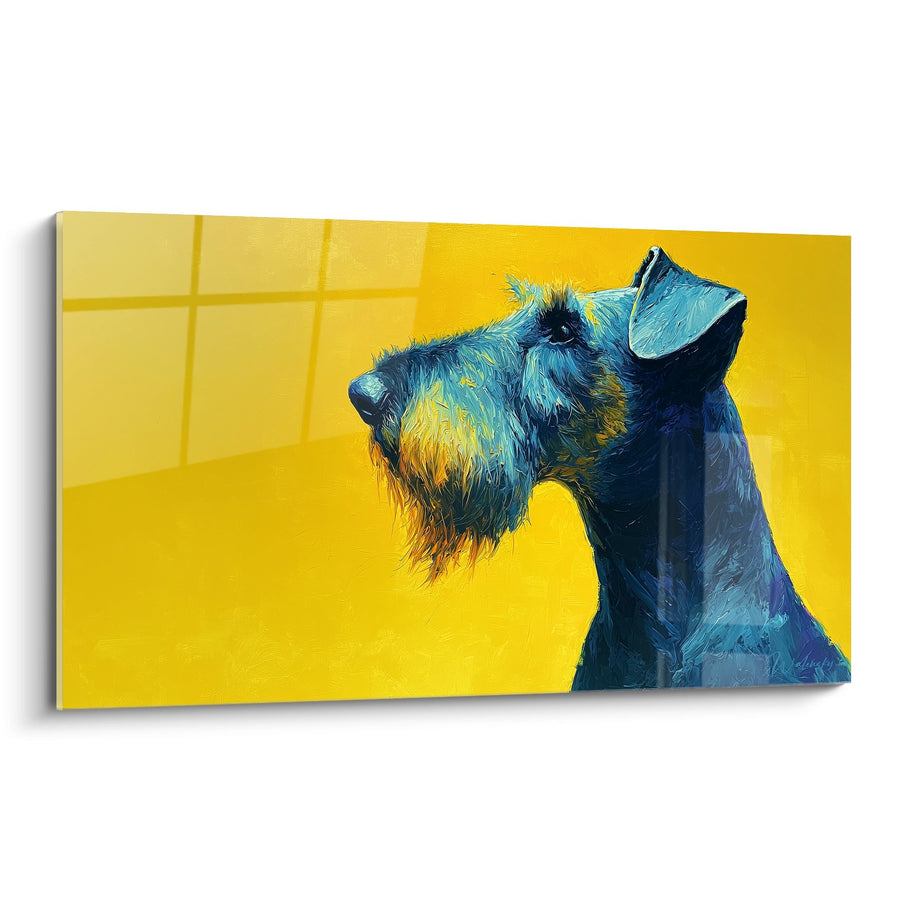 Tableau Chien Bleu Profil Artistique sur Fond Jaune - Portrait Canin Expressif - Edition Airedale Terrier